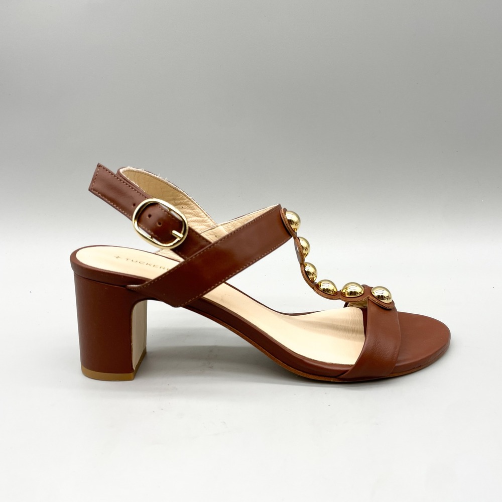 Tuckernuck Womens 9 Marcy T Strap Sandals Brown Leather Gold Studded Dressy Heel